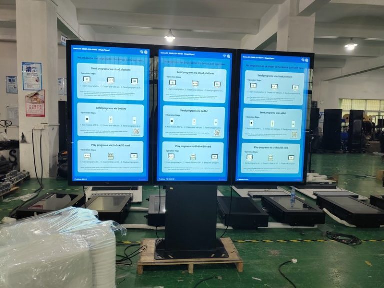 three 55 inch portrait screens integrated into outdoor metro digital signage